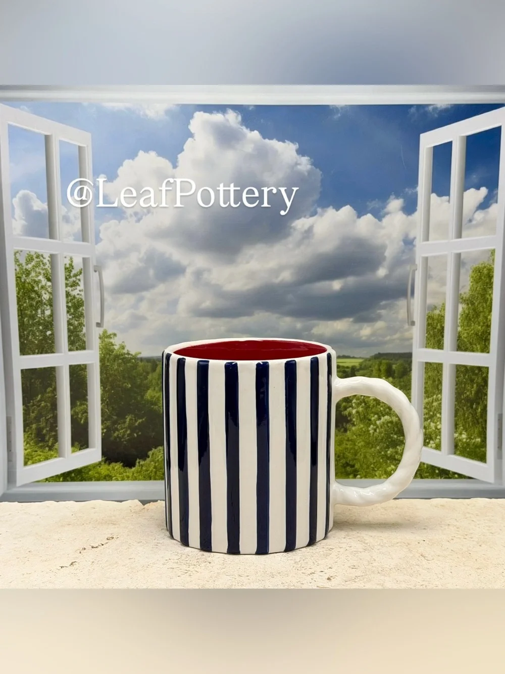 Sunday Morning Ceramics Striped Ceramic Mug | Large 20 oz Navy Blue & White